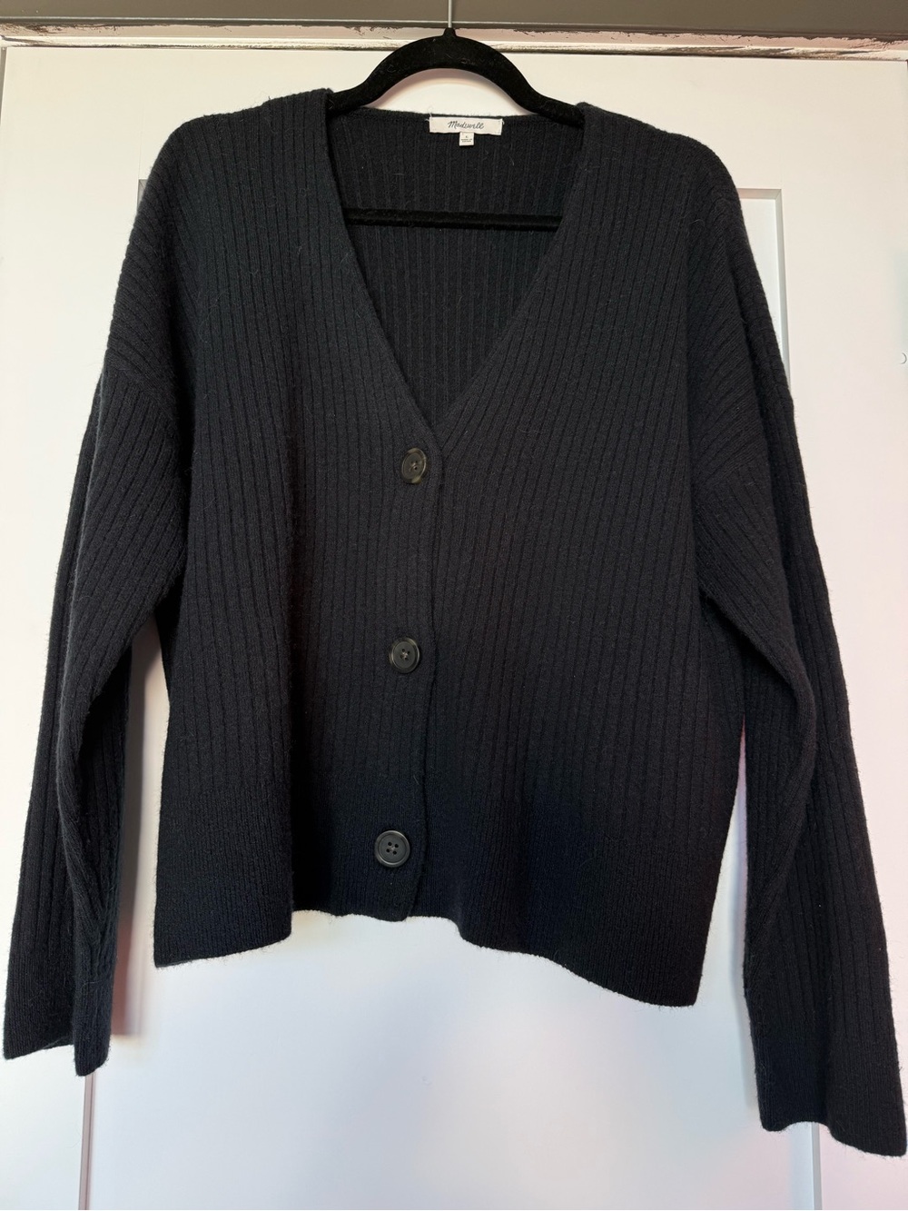 Madewell Black Ribbed V-Neck Button Cardigan